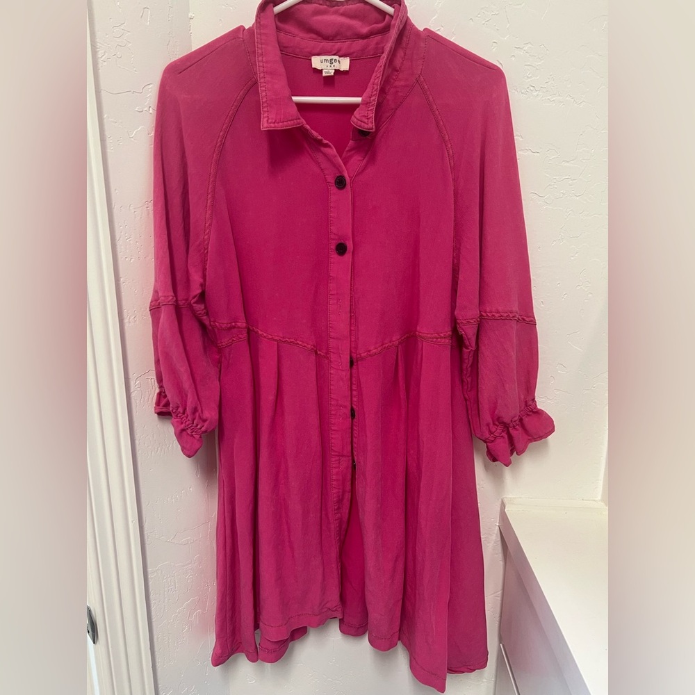Umgee Pink Notched Collar 3/4 Sleeve Button Down Top